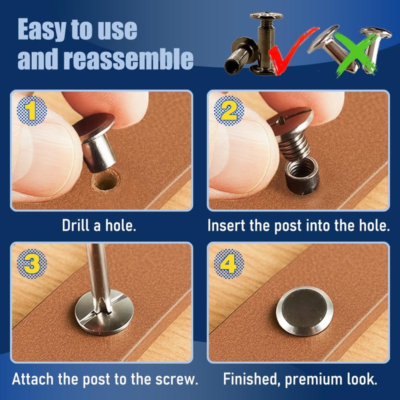 ArcNascency Store 130 Sets Gunmetal Black Chicago Screws Leather Rivets Kit, 7 Sizes (M5*4,5,6,8,10,12,15) & 3 Screw Lengths (M4*3,4,5) for Belts, Bookbinding, DIY Leather - Image 5